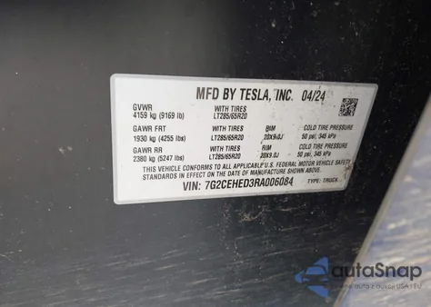 2024 Tesla Cybertruck All-Wheel Drive из США, поврежденный, VIN 7G2CEHED3RA006084